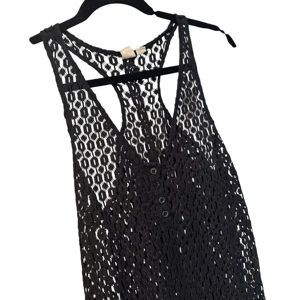 Roxy Black Crochet Knit Maxi Dress Cover Up Sheer Beach Vacation‎ Y2K Whimsygoth